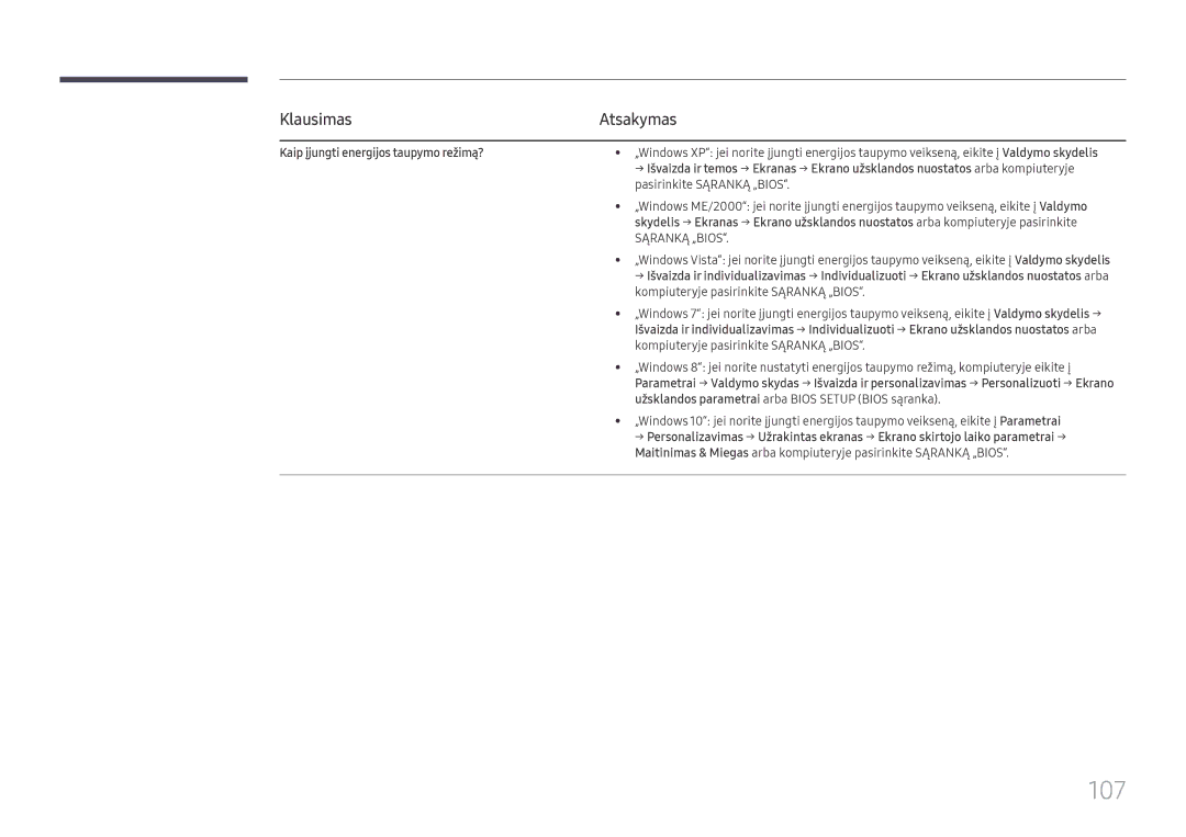 Samsung LH75QMFPLGC/EN, LH98QMFPLGC/EN manual 107, Klausimas, Kaip įjungti energijos taupymo režimą? 