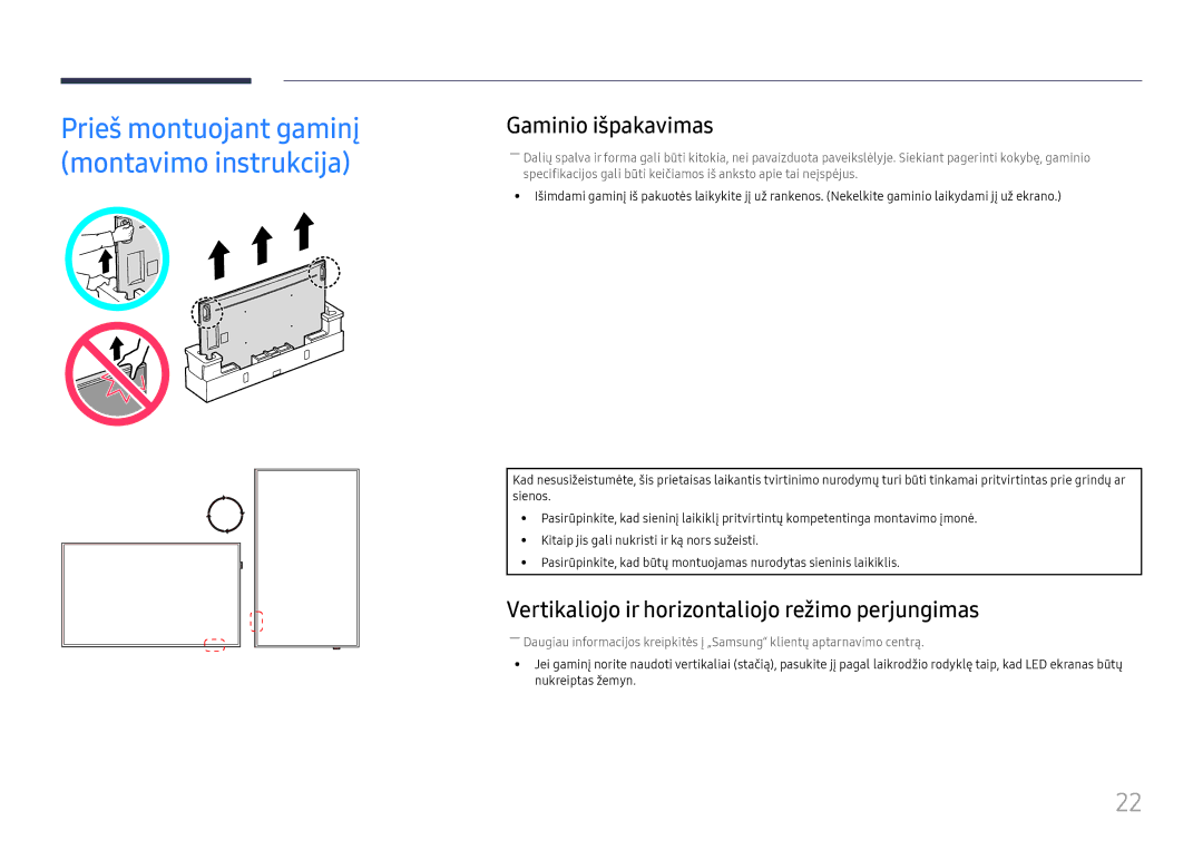 Samsung LH98QMFPLGC/EN, LH75QMFPLGC/EN manual Gaminio išpakavimas, Vertikaliojo ir horizontaliojo režimo perjungimas 