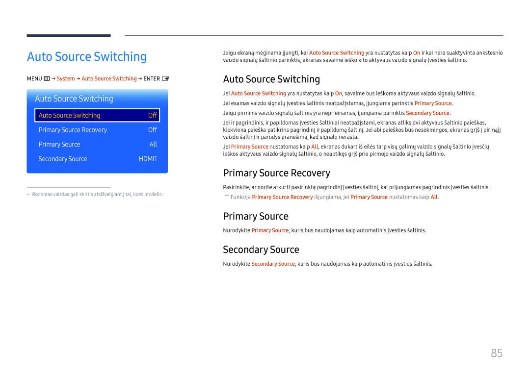 Samsung LH75QMFPLGC/EN, LH98QMFPLGC/EN manual Auto Source Switching, Primary Source Recovery, Secondary Source 