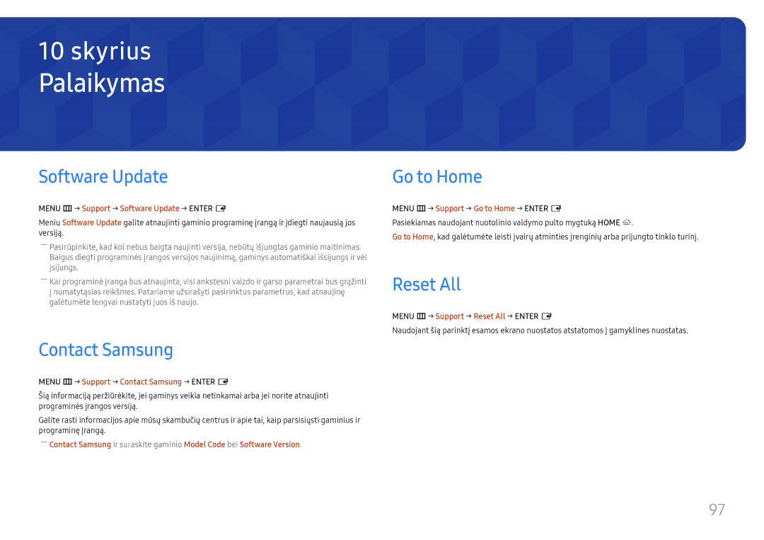 Samsung LH75QMFPLGC/EN, LH98QMFPLGC/EN manual Palaikymas, Software Update, Contact Samsung, Go to Home, Reset All 