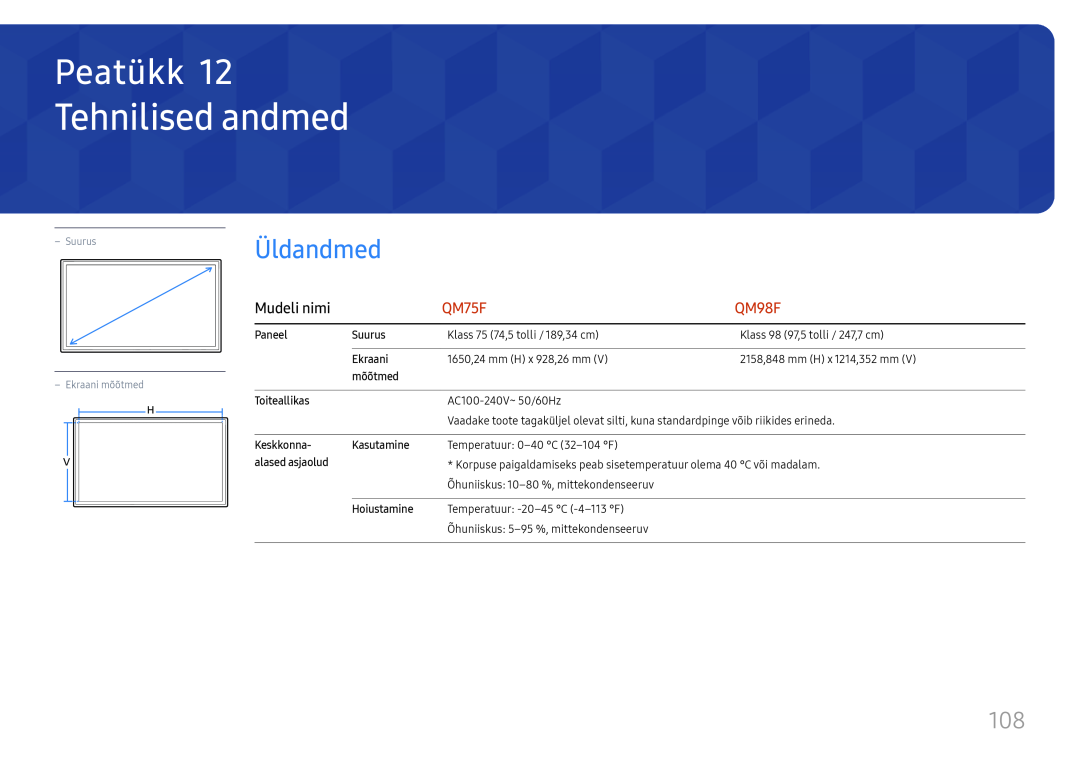 Samsung LH98QMFPLGC/EN, LH75QMFPLGC/EN manual Tehnilised andmed, Üldandmed, Peatükk, Mudeli nimi, QM75F, QM98F 