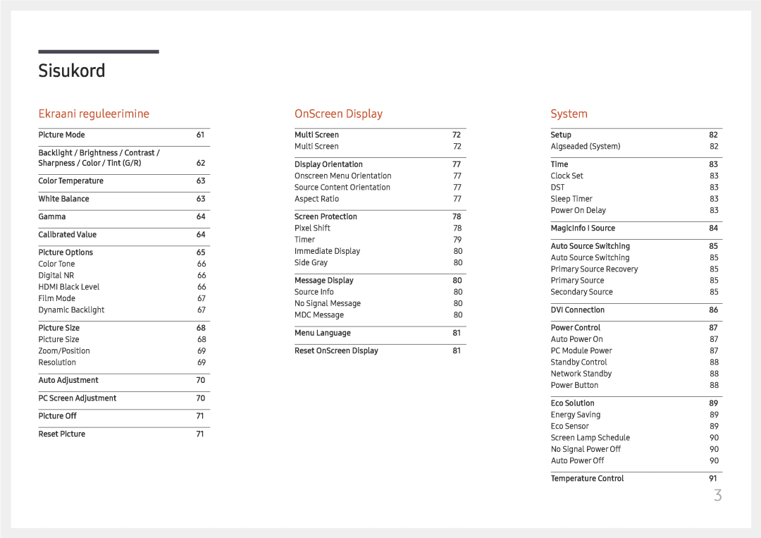 Samsung LH75QMFPLGC/EN, LH98QMFPLGC/EN manual Ekraani reguleerimine, OnScreen Display, System, Sisukord 