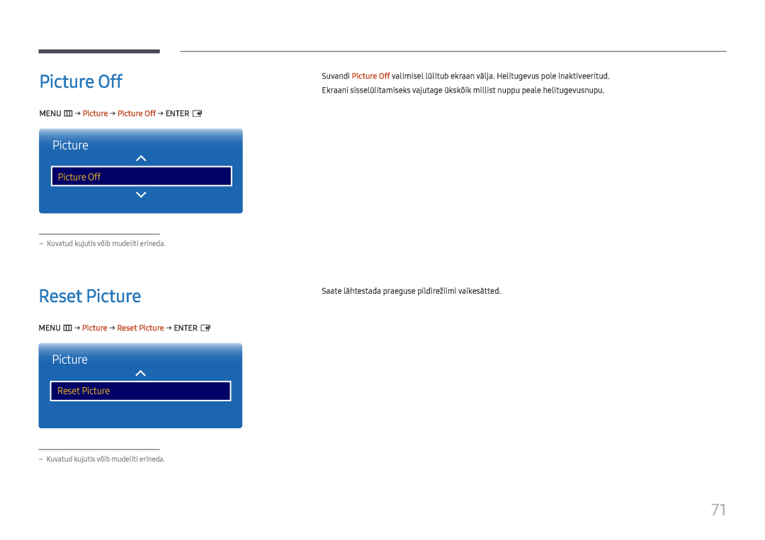 Samsung LH75QMFPLGC/EN Reset Picture, MENU m → Picture → Picture Off → ENTER E, Kuvatud kujutis vőib mudeliti erineda 