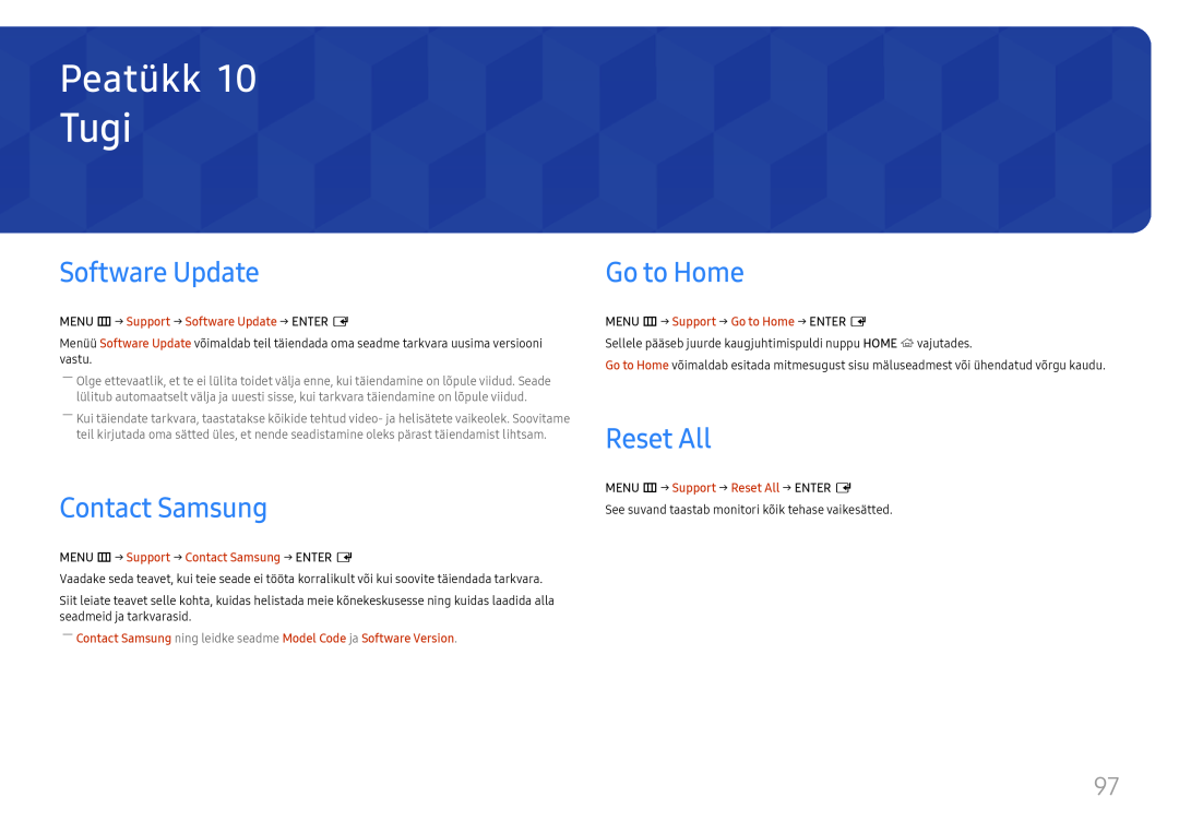 Samsung LH75QMFPLGC/EN, LH98QMFPLGC/EN manual Tugi, Software Update, Contact Samsung, Go to Home, Reset All, Peatükk 