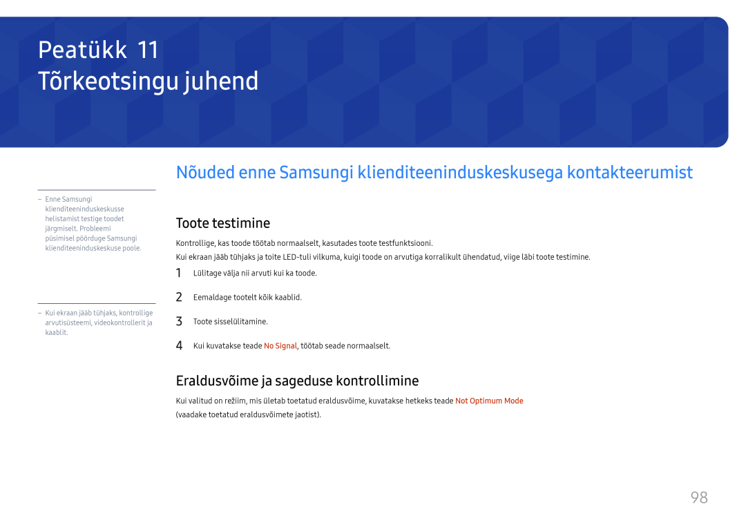 Samsung LH98QMFPLGC/EN manual Tõrkeotsingu juhend, Nõuded enne Samsungi klienditeeninduskeskusega kontakteerumist, Peatükk 