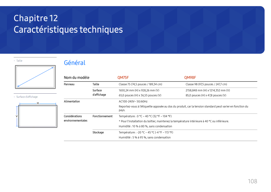 Samsung LH98QMFPLGC/EN, LH98QMFPBGC/EN, LH75QMFPLGC/EN manual Caractéristiques techniques, 108 