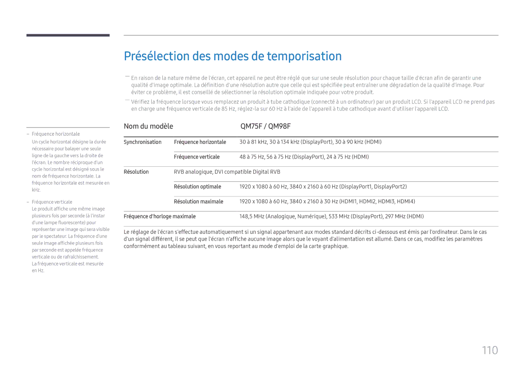 Samsung LH75QMFPLGC/EN, LH98QMFPLGC/EN, LH98QMFPBGC/EN manual Présélection des modes de temporisation, 110, QM75F / QM98F 