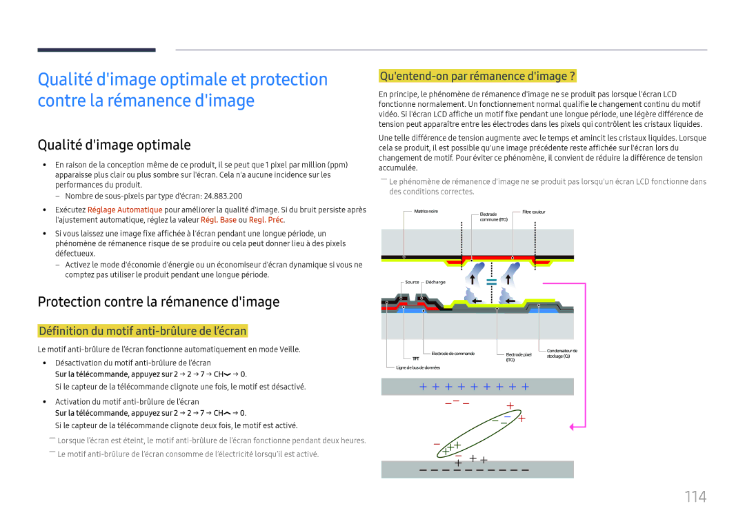 Samsung LH98QMFPLGC/EN, LH98QMFPBGC/EN, LH75QMFPLGC/EN 114, Qualité dimage optimale, Protection contre la rémanence dimage 