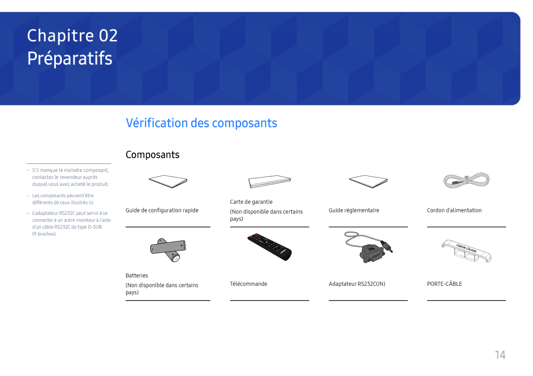 Samsung LH75QMFPLGC/EN, LH98QMFPLGC/EN, LH98QMFPBGC/EN manual Préparatifs, Vérification des composants, Composants 