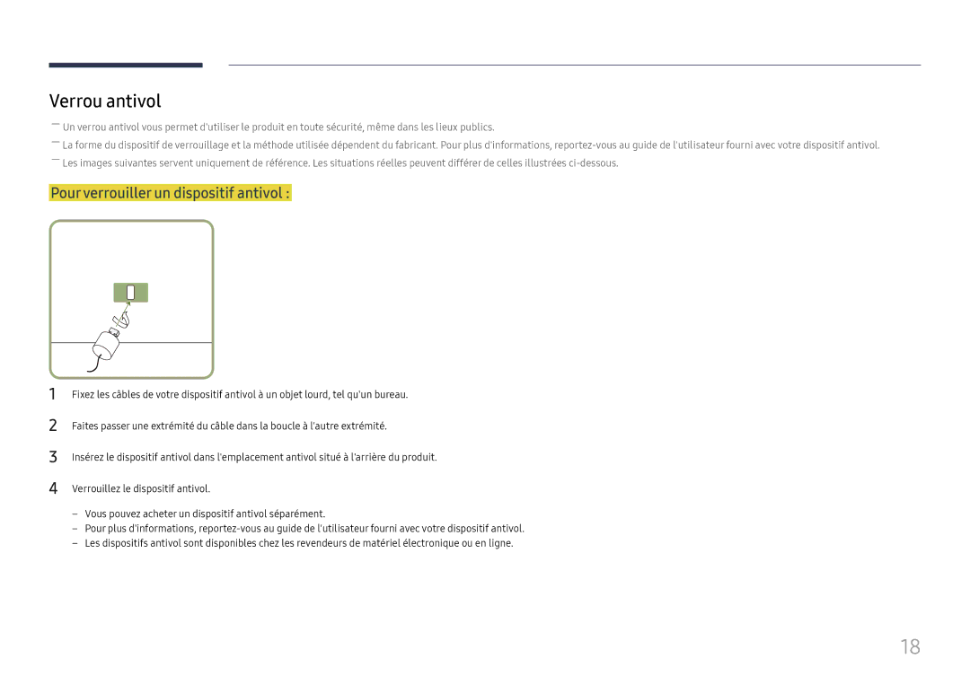 Samsung LH98QMFPLGC/EN, LH98QMFPBGC/EN, LH75QMFPLGC/EN manual Verrou antivol, Pour verrouiller un dispositif antivol 