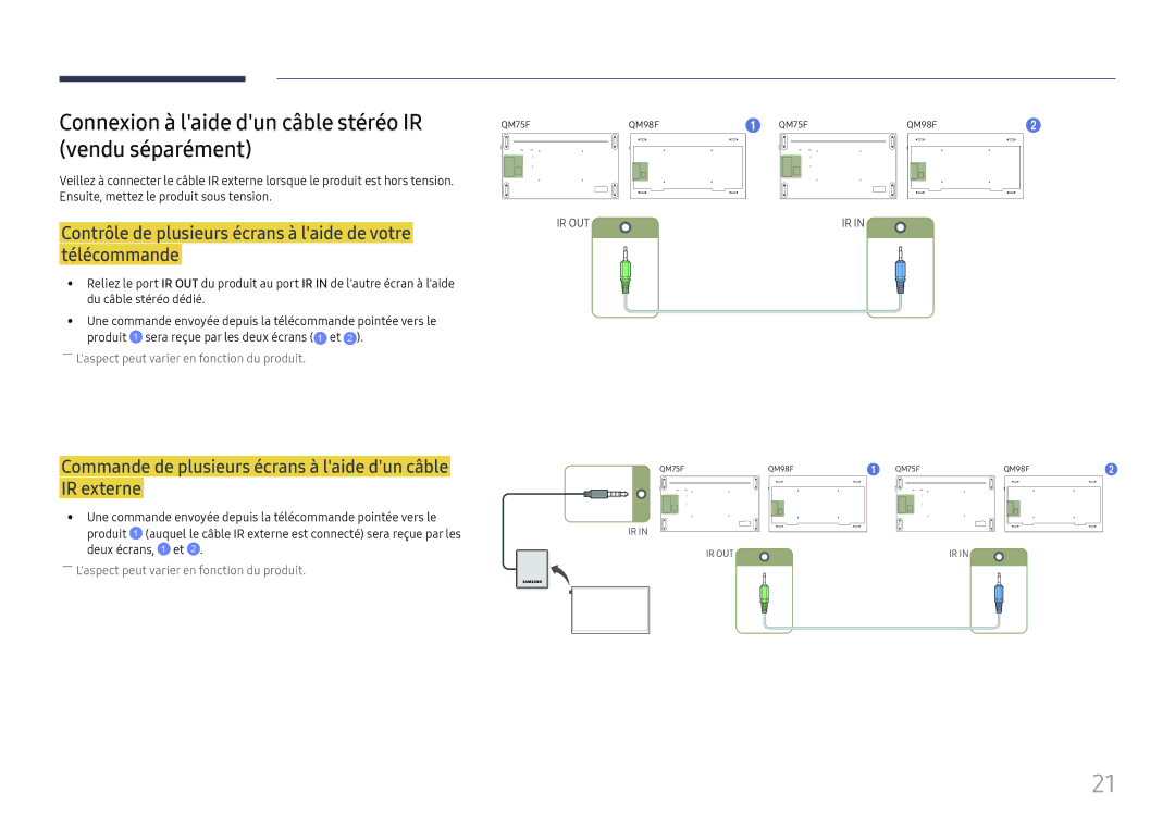 Samsung LH98QMFPLGC/EN, LH98QMFPBGC/EN manual Connexion à laide dun câble stéréo IR, Vendu séparément, Télécommande 