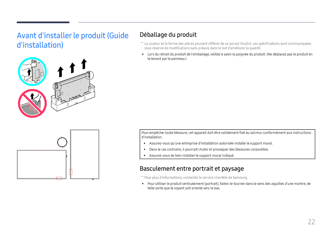 Samsung LH98QMFPBGC/EN, LH98QMFPLGC/EN manual Avant dinstaller le produit Guide dinstallation, Déballage du produit 