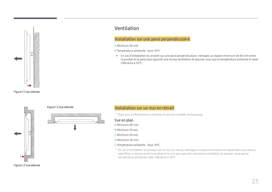 Samsung LH75QMFPLGC/EN manual Ventilation, Installation sur une paroi perpendiculaire, Installation sur un mur en retrait 