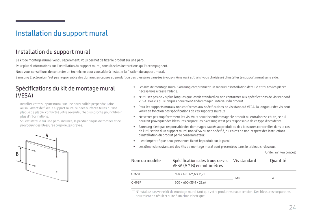 Samsung LH98QMFPLGC/EN, LH98QMFPBGC/EN manual Installation du support mural, Spécifications du kit de montage mural Vesa 