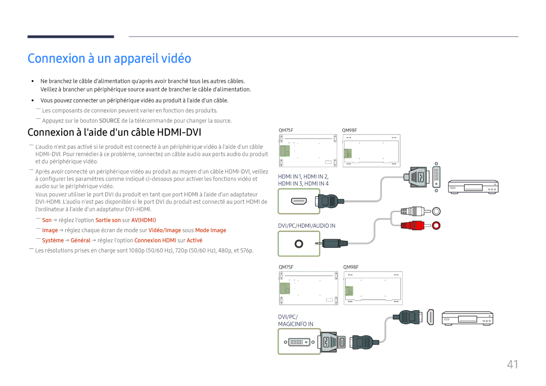 Samsung LH75QMFPLGC/EN, LH98QMFPLGC/EN manual Connexion à un appareil vidéo, ――Son → réglez loption Sortie son sur Avhdmi 