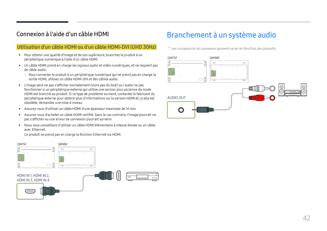 Samsung LH98QMFPLGC/EN manual Branchement à un système audio, Utilisation dun câble Hdmi ou dun câble HDMI-DVI UHD 30Hz 