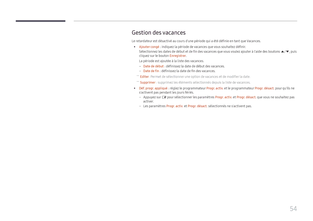 Samsung LH98QMFPLGC/EN, LH98QMFPBGC/EN, LH75QMFPLGC/EN manual Gestion des vacances 