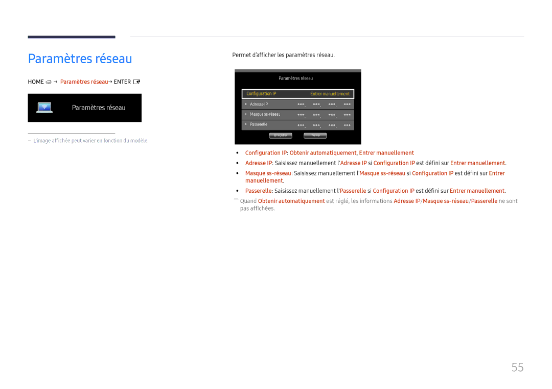 Samsung LH98QMFPBGC/EN, LH98QMFPLGC/EN manual Home → Paramètres réseau→ Enter E, Permet d’afficher les paramètres réseau 