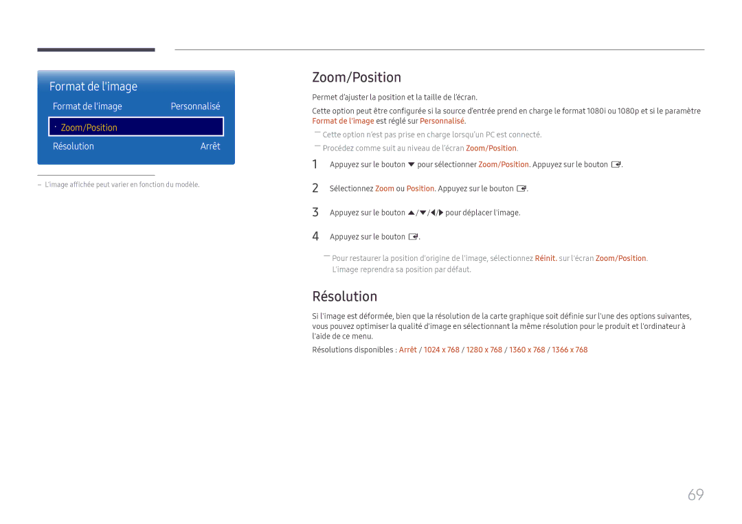 Samsung LH98QMFPLGC/EN, LH98QMFPBGC/EN, LH75QMFPLGC/EN manual Zoom/Position, Format de limage, Résolution Arrêt 