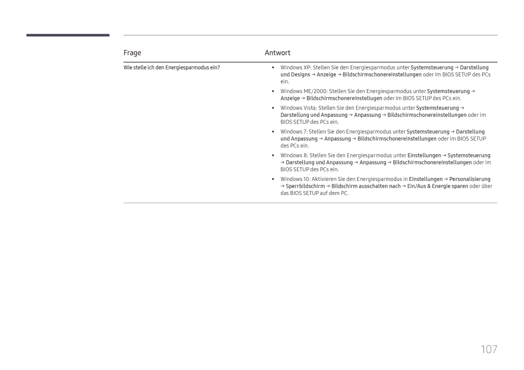 Samsung LH75QMFPLGC/EN, LH98QMFPLGC/EN, LH98QMFPBGC/EN manual 107, Frage, Wie stelle ich den Energiesparmodus ein? 