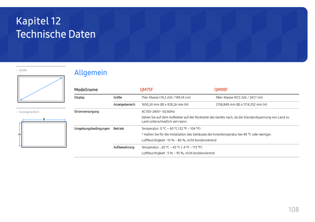 Samsung LH98QMFPLGC/EN, LH98QMFPBGC/EN, LH75QMFPLGC/EN manual Technische Daten, 108 