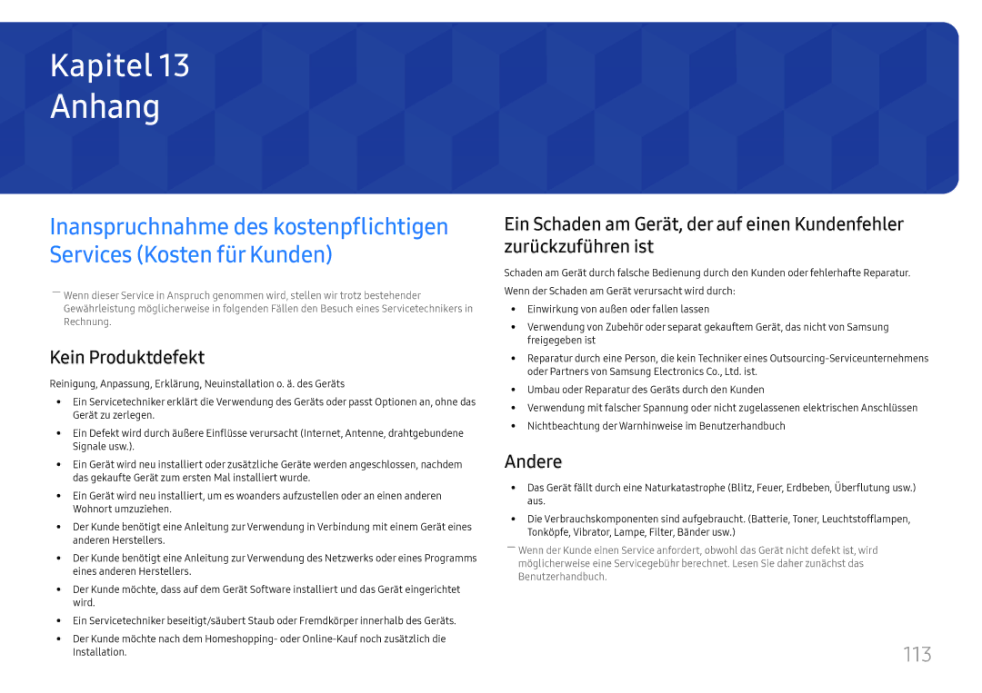 Samsung LH75QMFPLGC/EN, LH98QMFPLGC/EN, LH98QMFPBGC/EN manual Anhang, 113, Kein Produktdefekt, Andere 