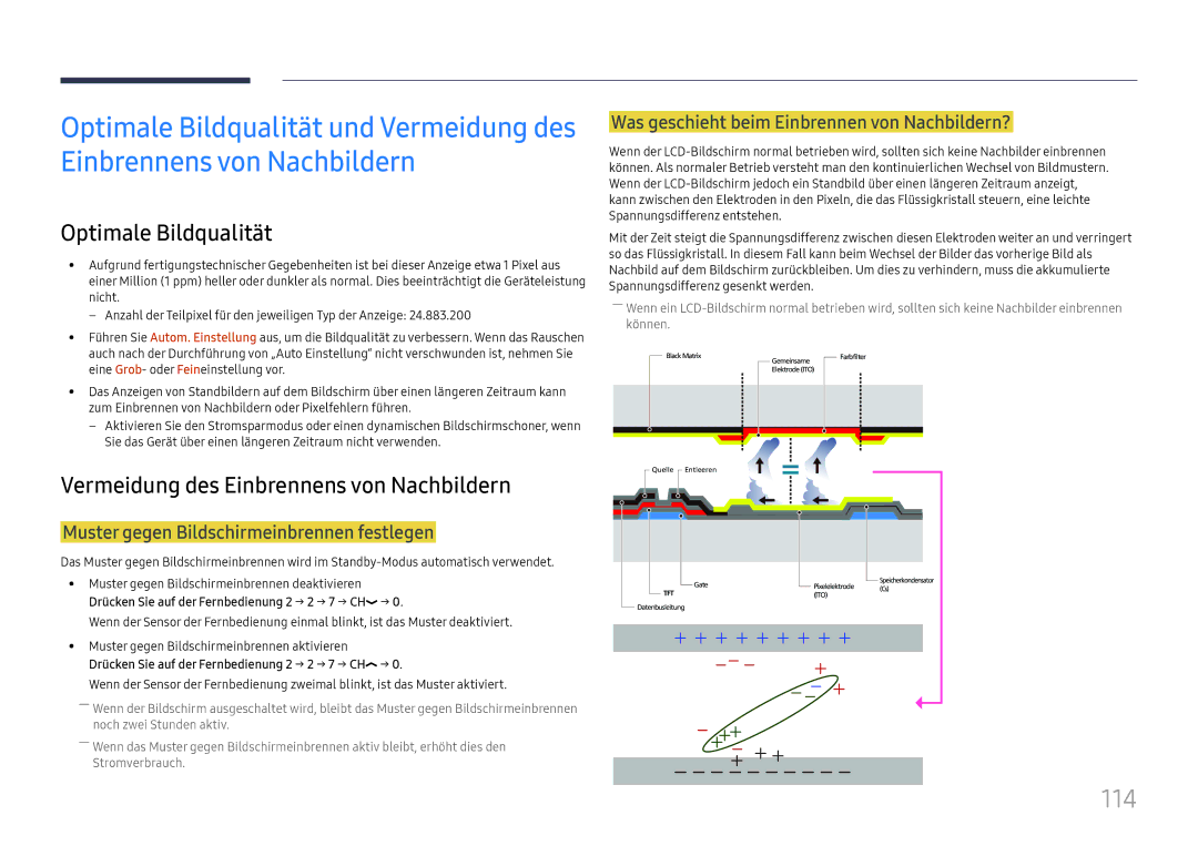 Samsung LH98QMFPLGC/EN, LH98QMFPBGC/EN manual 114, Optimale Bildqualität, Vermeidung des Einbrennens von Nachbildern 