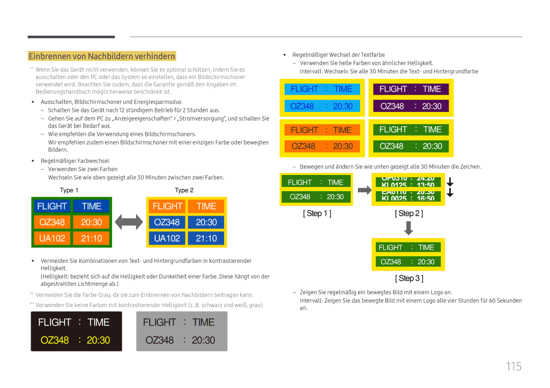 Samsung LH98QMFPBGC/EN, LH98QMFPLGC/EN, LH75QMFPLGC/EN manual 115, Einbrennen von Nachbildern verhindern 