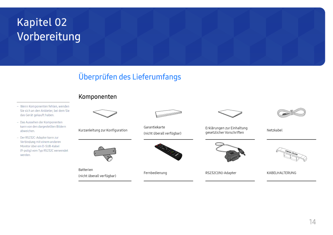 Samsung LH75QMFPLGC/EN, LH98QMFPLGC/EN, LH98QMFPBGC/EN manual Vorbereitung, Überprüfen des Lieferumfangs, Komponenten 