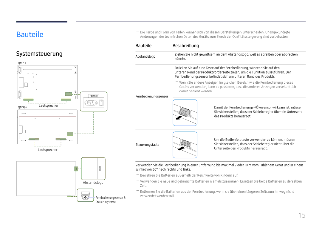 Samsung LH98QMFPLGC/EN, LH98QMFPBGC/EN manual Systemsteuerung, Bauteile Beschreibung, Abstandslogo, Steuerungstaste 