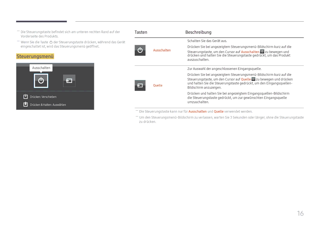 Samsung LH98QMFPBGC/EN, LH98QMFPLGC/EN, LH75QMFPLGC/EN manual TastenBeschreibung, Ausschalten 