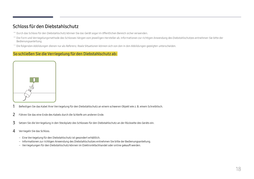 Samsung LH98QMFPLGC/EN manual Schloss für den Diebstahlschutz, So schließen Sie die Verriegelung für den Diebstahlschutz ab 