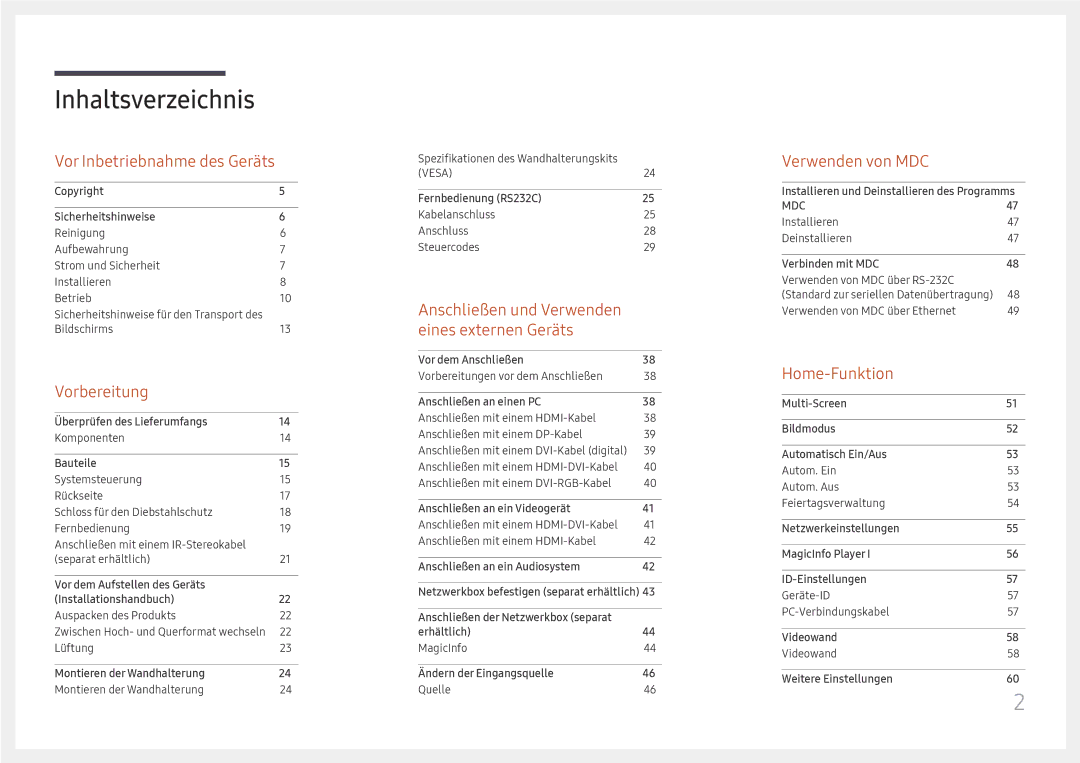 Samsung LH75QMFPLGC/EN, LH98QMFPLGC/EN, LH98QMFPBGC/EN manual Inhaltsverzeichnis 