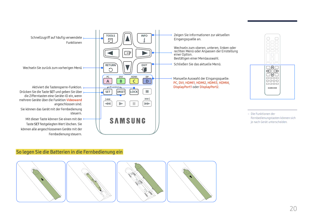 Samsung LH75QMFPLGC/EN So legen Sie die Batterien in die Fernbedienung ein, Funktionen, DisplayPort1 oder DisplayPort2 