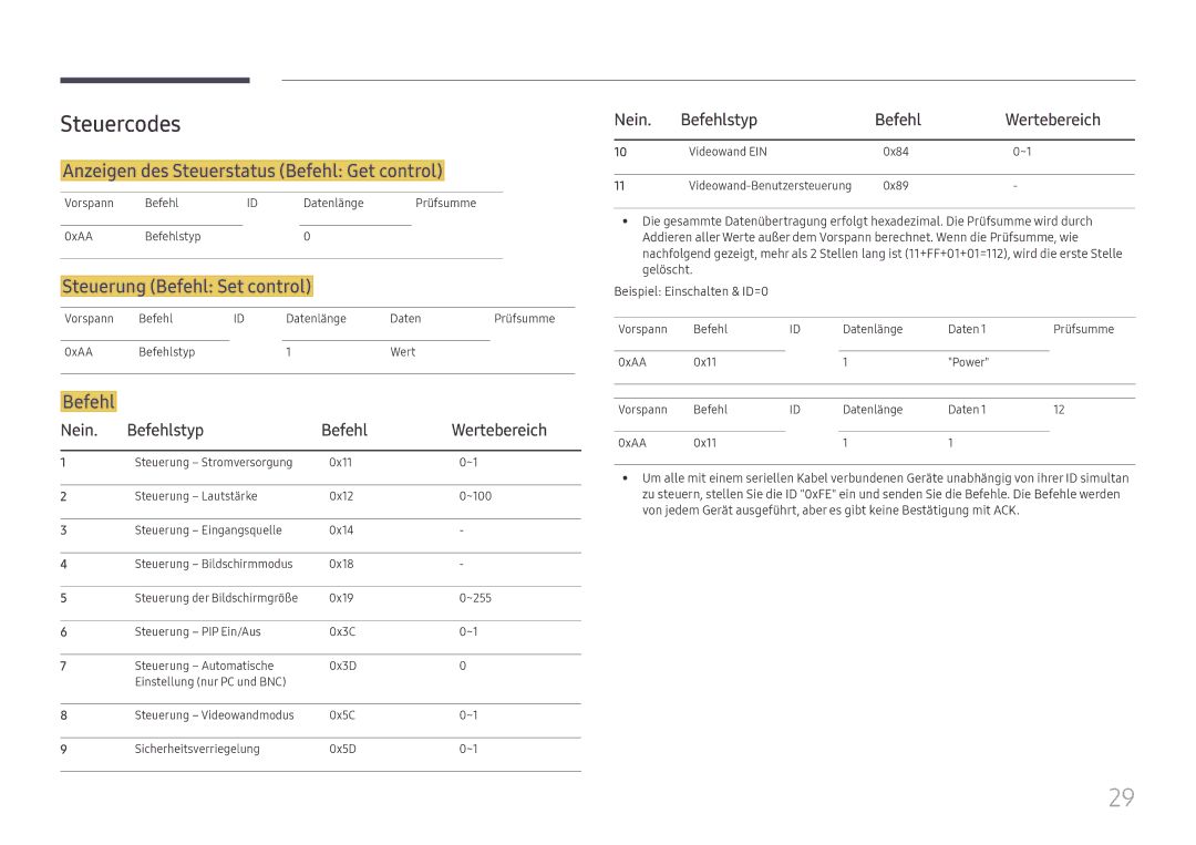 Samsung LH75QMFPLGC/EN manual Steuercodes, Anzeigen des Steuerstatus Befehl Get control, Steuerung Befehl Set control 