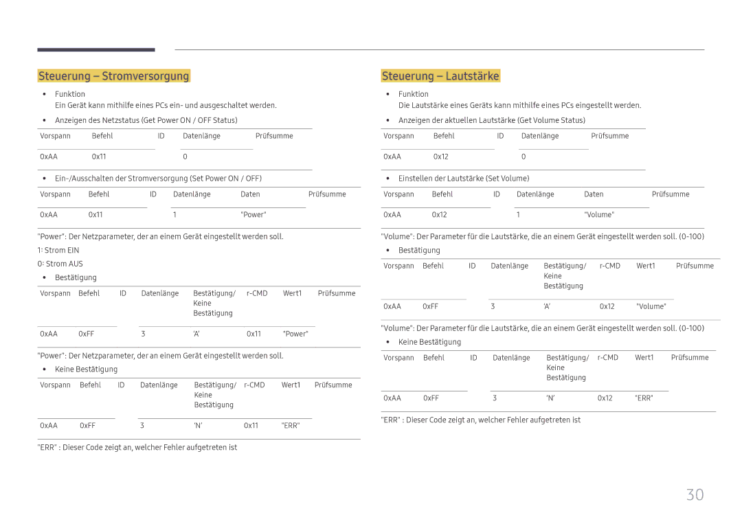 Samsung LH98QMFPLGC/EN manual Steuerung Stromversorgung, Steuerung Lautstärke, Einstellen der Lautstärke Set Volume 