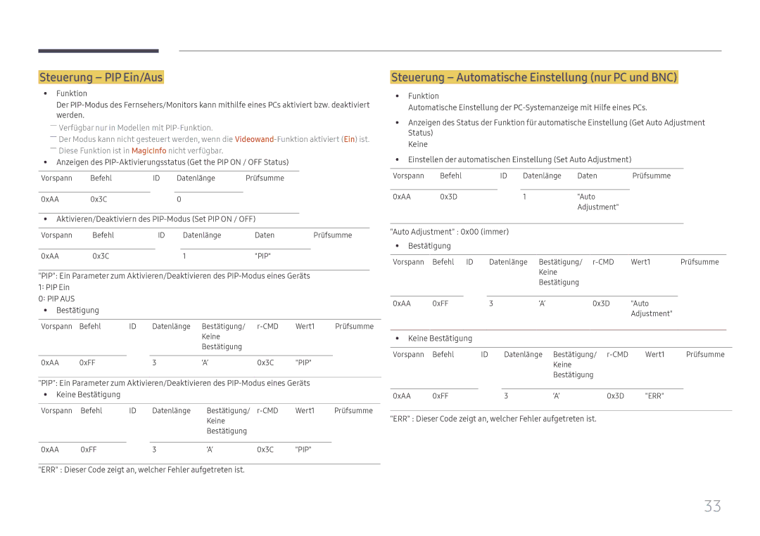 Samsung LH98QMFPLGC/EN, LH98QMFPBGC/EN manual Steuerung PIP Ein/Aus, Steuerung Automatische Einstellung nur PC und BNC 