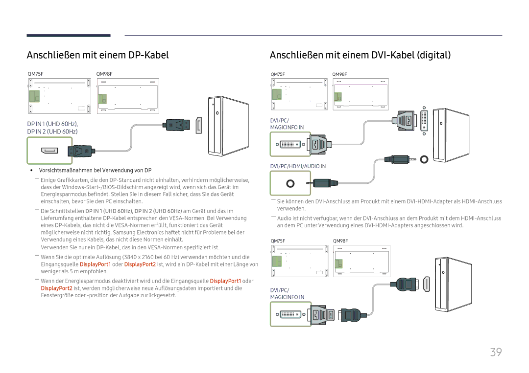 Samsung LH98QMFPLGC/EN, LH98QMFPBGC/EN manual Anschließen mit einem DP-Kabel, Anschließen mit einem DVI-Kabel digital 