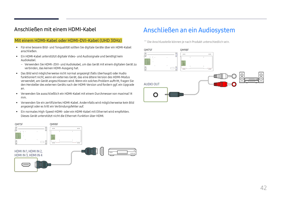 Samsung LH98QMFPLGC/EN, LH98QMFPBGC/EN Anschließen an ein Audiosystem, Mit einem HDMI-Kabel oder HDMI-DVI-Kabel UHD 30Hz 