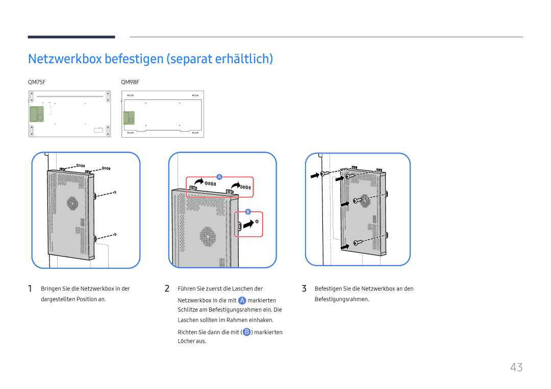 Samsung LH98QMFPBGC/EN, LH98QMFPLGC/EN, LH75QMFPLGC/EN manual Netzwerkbox befestigen separat erhältlich, QM75F 