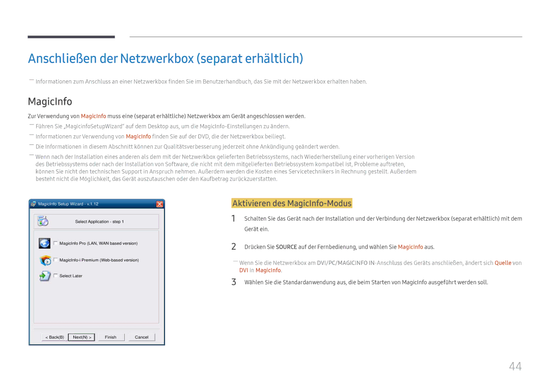 Samsung LH75QMFPLGC/EN manual Anschließen der Netzwerkbox separat erhältlich, Aktivieren des MagicInfo-Modus, Gerät ein 