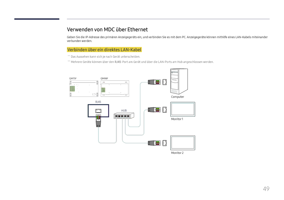 Samsung LH98QMFPBGC/EN, LH98QMFPLGC/EN manual Verwenden von MDC über Ethernet, Verbinden über ein direktes LAN-Kabel 