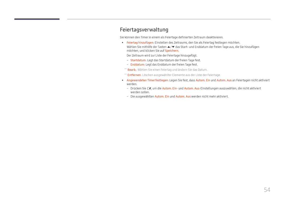 Samsung LH98QMFPLGC/EN, LH98QMFPBGC/EN, LH75QMFPLGC/EN manual Feiertagsverwaltung 