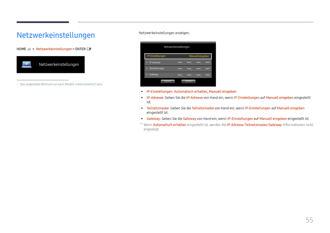 Samsung LH98QMFPBGC/EN, LH98QMFPLGC/EN manual Home → Netzwerkeinstellungen→ Enter E, Netzwerkeinstellungen anzeigen 