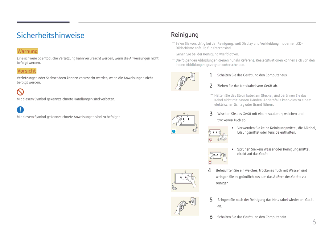 Samsung LH98QMFPLGC/EN, LH98QMFPBGC/EN, LH75QMFPLGC/EN manual Sicherheitshinweise, Reinigung 