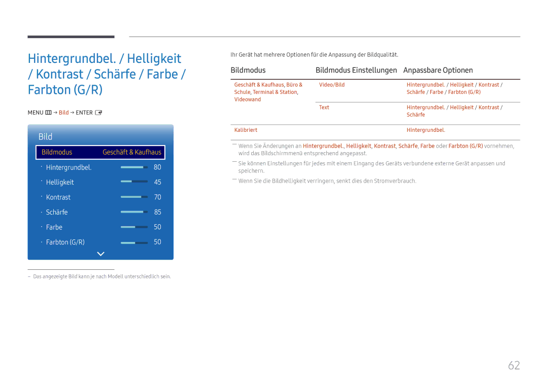 Samsung LH75QMFPLGC/EN, LH98QMFPLGC/EN, LH98QMFPBGC/EN manual Bildmodus, Anpassbare Optionen, Menu m → Bild → Enter E 