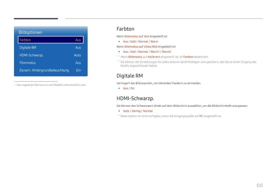 Samsung LH98QMFPLGC/EN, LH98QMFPBGC/EN, LH75QMFPLGC/EN manual Farbton, Digitale RM, HDMI-Schwarzp 