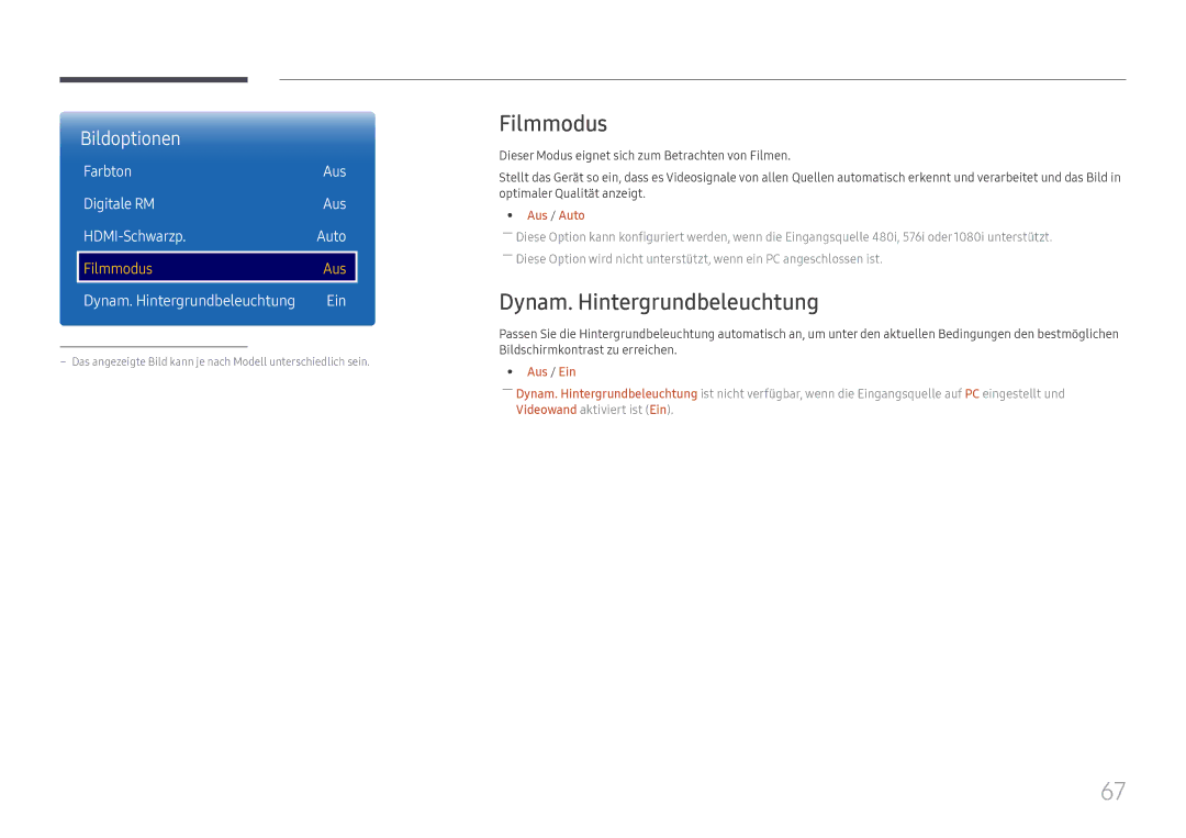 Samsung LH98QMFPBGC/EN manual Filmmodus, Dynam. Hintergrundbeleuchtung, Farbton Aus Digitale RM HDMI-Schwarzp, Aus / Auto 