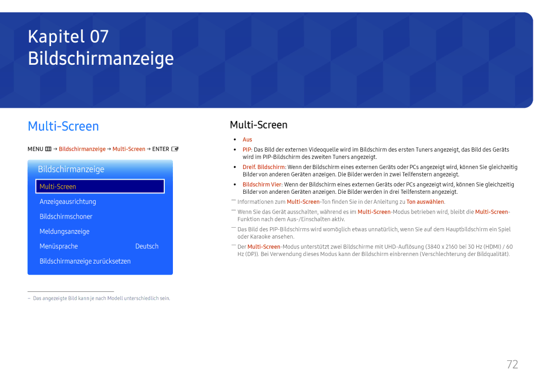 Samsung LH98QMFPLGC/EN, LH98QMFPBGC/EN, LH75QMFPLGC/EN Menu m → Bildschirmanzeige → Multi-Screen → Enter E, Aus 