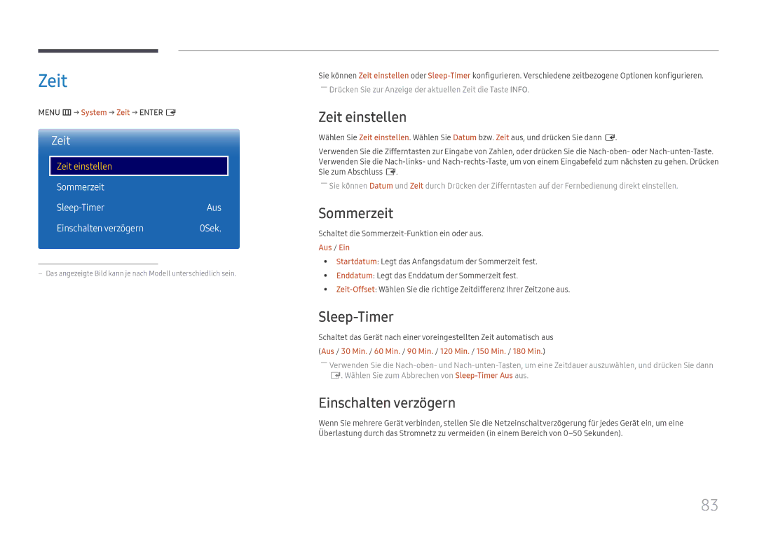 Samsung LH75QMFPLGC/EN, LH98QMFPLGC/EN, LH98QMFPBGC/EN Zeit einstellen, Sommerzeit, Sleep-Timer, Einschalten verzögern 